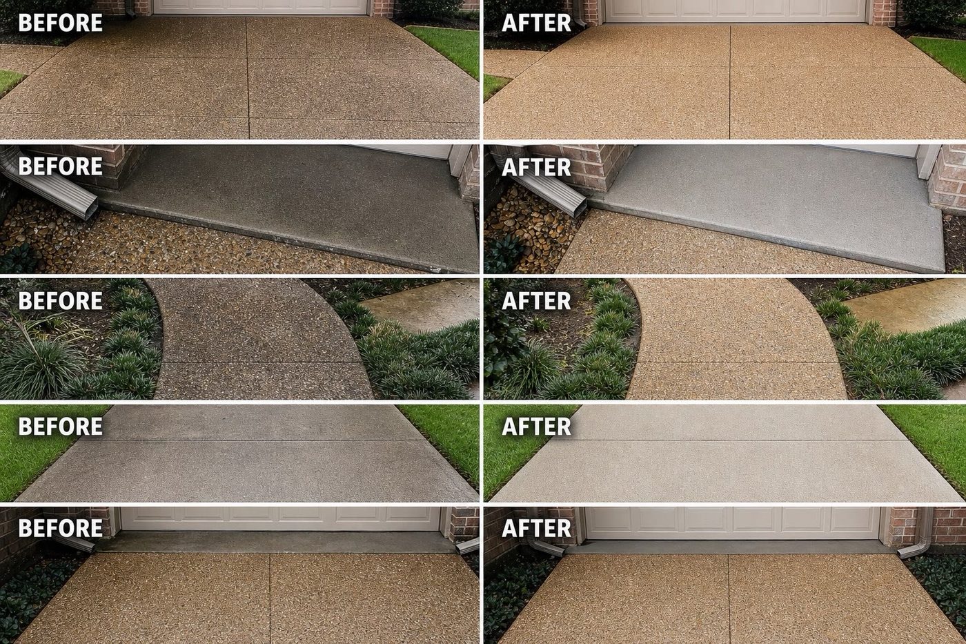 Grid of five before and after driveway cleaning results in Plano and Prosper, Texas — Green Clean Machine