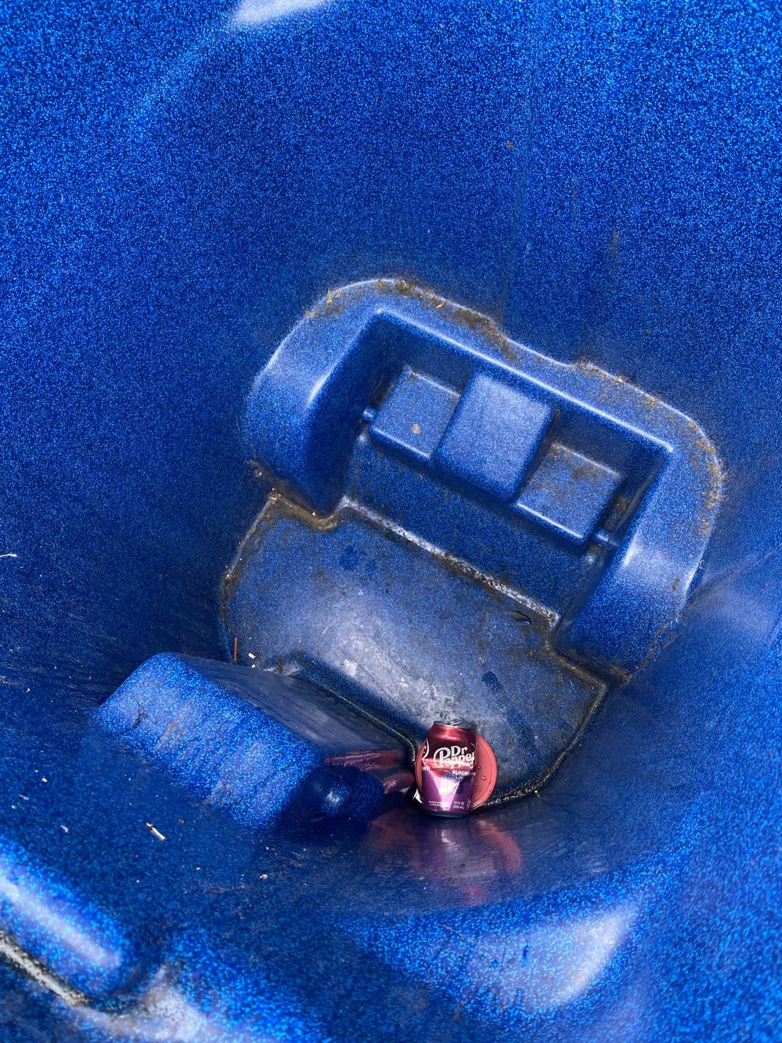 Dirty blue recycling bin interior with stuck debris before cleaning in Allen, Texas — Green Clean Machine