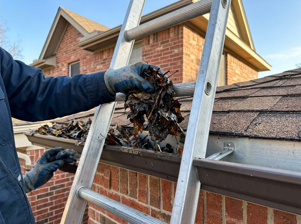 Rain gutter hand-cleared of wet leaves on a brick home in Collin County, Texas — Green Clean Machine
