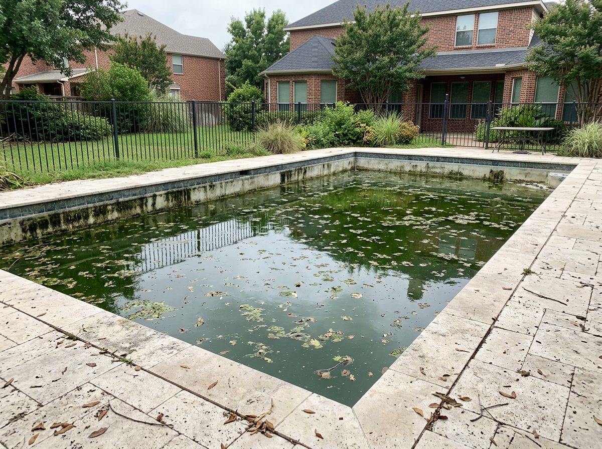 Backyard swimming pool with dark green algae water before green pool recovery in McKinney, Texas — Green Clean Machine