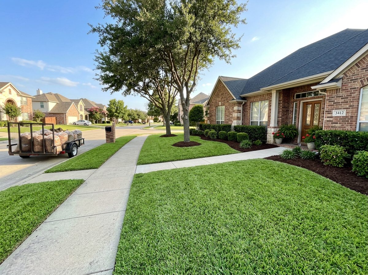 Freshly mowed lawn with edged beds and fresh mulch after a yard cleanup in McKinney, Texas — Green Clean Machine